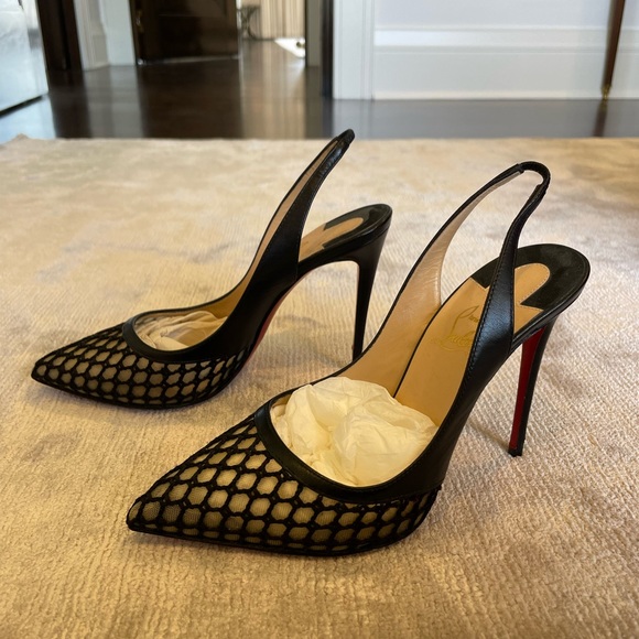 Christian Louboutin Black Leather And Mesh Miluna Slingback Sandals Size 37 - Picture 8 of 8